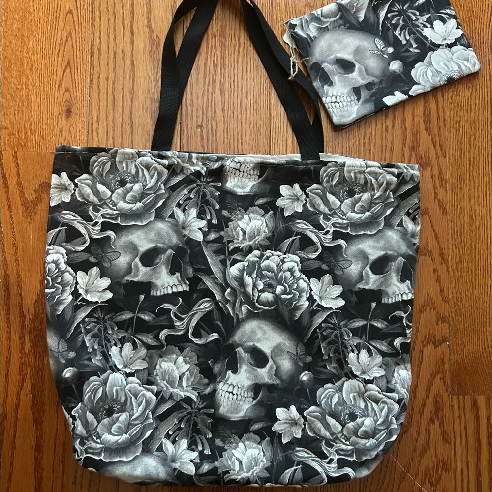 Black and Gray Floral Skull Tote Bag
